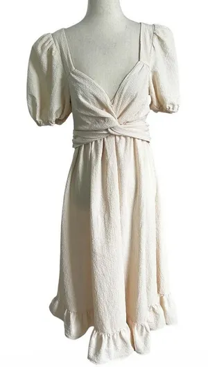 ASTR the Label Tie Peach Cream Puff Sleeve Midi Dress Size Medium | 30-10 thumbnail 1