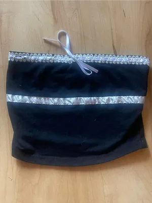 SheIn Black Strapless Tube Crop Top Bandeau White Trim and Bow Lace xSmall Coquette thumbnail 2
