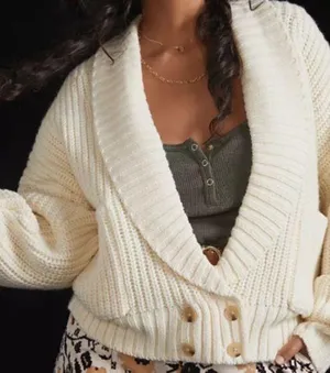 Anthropologie Deep V Wool Blend Oversized Ivory Cardigan Sweater Size Small thumbnail 1