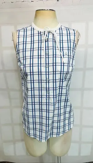 Brooks Brothers Red Fleece Blue White Plaid Sleeveless Tie Neck Blouse Top Sz 2 thumbnail 1