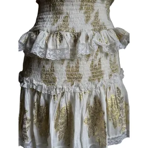 Cotton Mini Skirt Boho White Gold Lurex Smocked Romantic Size L Chloe Laetitia thumbnail 2