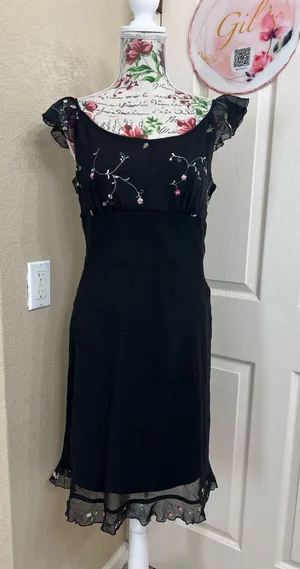 I.N. Studio Y2K Vintage Black Midi Dress with Pink Floral Embroidery thumbnail 1