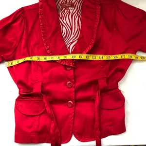 2000s Y2K Romantic Red ruffle button up fitted blazer blouse shirt belted waist short sleeve #whimsygoth #coquette Size L- Measurement in pics thumbnail 5