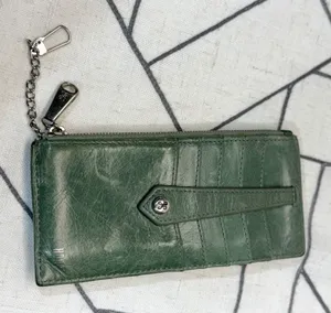 HOBO Euro Slide Card Case Wallet OS Green Leather Slim Zipper Keychain thumbnail 1