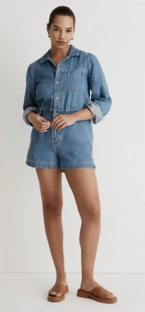 Madewell Denim Long-Sleeve Button-Front Cotton Romper in Rushland‎ Wash Size XXL thumbnail 1