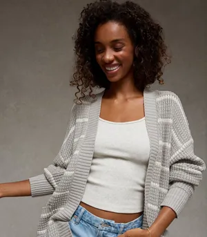 American Eagle Grey and White Striped Cardigan thumbnail 1