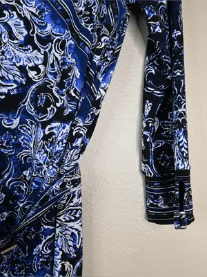 WHBM Women's XS Blue Black Blouson Patterned Keyhole Belted Mini Dress thumbnail 7