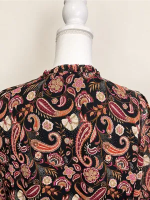 LOFT Paisley Ruffle Neck Long Sleeve Blouse Black Pink Boho Women’s Small thumbnail 7