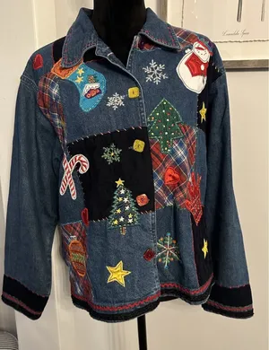 Christmas Jean Shacket Holiday Theme Shirt Size Small Blue Denim Vintage Xmas thumbnail 1
