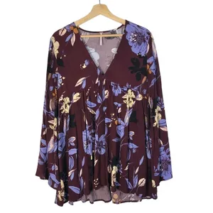 Free People Bella Purple‎ Floral Long Sleeve Tunic S thumbnail 2