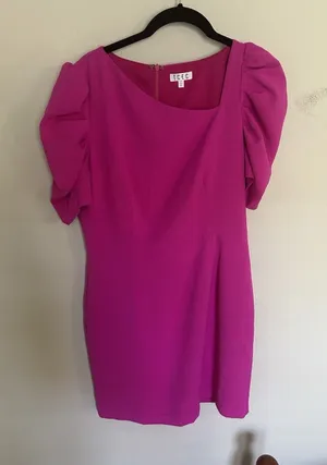 TCEC Pink Mini Dress Size M Asymmetrical Neckline Puff Sleeves Preppy Career thumbnail 1
