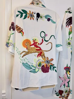 Tropical 2 Piece Set M Shirt Pants Drawstring Wide Leg NWOT thumbnail 8