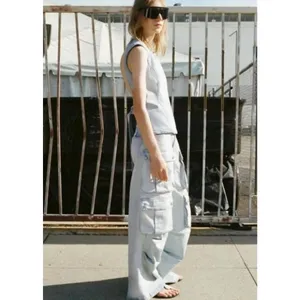 Zara Women Light Wash Multi Pocket Cargo Wide Leg Denim Jeans High Rise SIZE 4 thumbnail 3