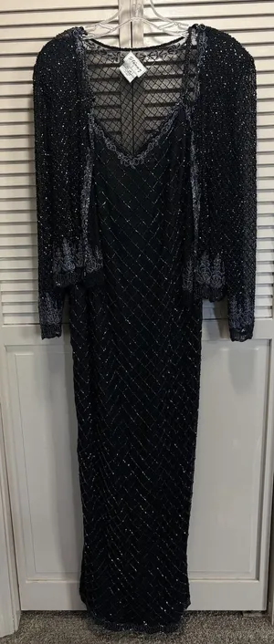 Stenay Black Silk Full Bead Gown & Jacket Sz 14 Adj Straps Lined Sparkle Formal thumbnail 1