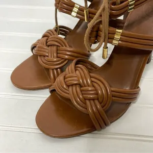 Tory Burch Tan Brown Leather Knotted Strappy Lace Up Stiletto Heels Sandals 9.5M thumbnail 12