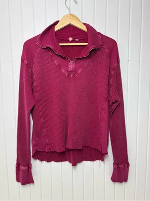 Free People Ashton Wine Half-Zip‎ Waffle Knit Pullover Size XL thumbnail 1