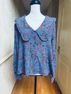 Mango NWT Floral Ruffle Peter Pan Collar Blouse 10 EcoVero Sustainable Boho Blue thumbnail 3