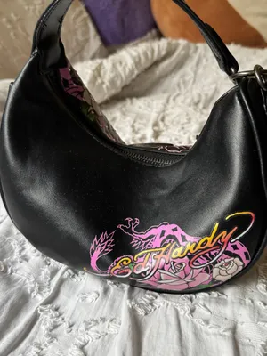 Ed Hardy Black & Pink Skull Rose Hobo Bag thumbnail 8