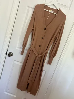 Boden Knit Midi Dress Brown Belted Button Front V Neck Minimalist Classic Size 8 | $190 | NWOT thumbnail 2
