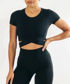 Alphalete Womens Black UltraSoft‎ Balletcore Wrap Tie Waist Athletic Crop Top S thumbnail 1