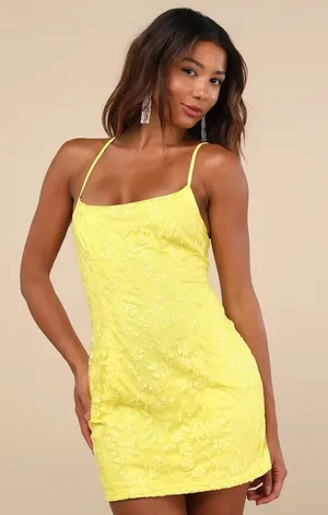 New! Lulus‎ Lively Sweetheart Yellow Mesh Embroidered Lace-Up Mini Dress Medium thumbnail 1