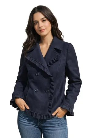 Mac &‎ Jac Navy Blue Ruffle Trim Double Breasted Pea Coat Jacket Womens Large thumbnail 1