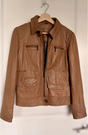 Vintage Naf Naf Cognac Genuine Sheepskin Leather Zip front Jacket Women’s L M thumbnail 1