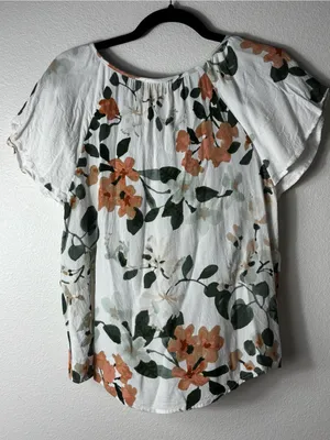 Lovestitch Floral Tie Neck Button Front Blouse Flutter Sleeve L thumbnail 5