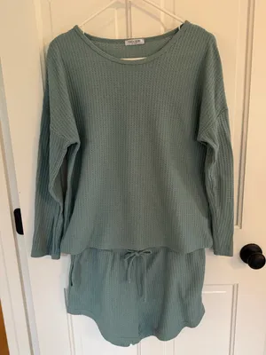 Ekouaer Waffle Knit Lounge Set Long Sleeve Top Shorts Sage Green Large thumbnail 1