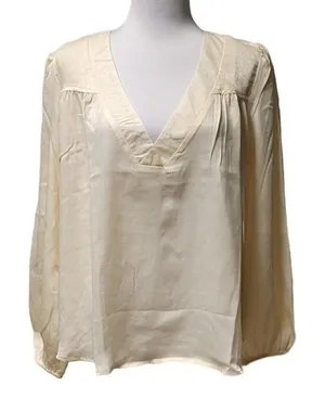 Ivory V Neck Blouse Top Long‎ Balloon Sleeve Neutral Clean Girl Going Out SizeM thumbnail 1