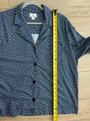 Petite Plume Navy Yellow Pima Cotton Button Down Wide Sleeve Pajama Top L thumbnail 6
