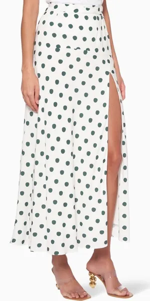 PEONY Le Spot Maxi Skirt SZ 2 Green Polka Dot Thigh High Slit eco-Conscious NWT thumbnail 1