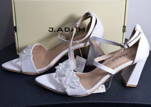 NIB J. Adams "Anna" White Block Heel Sandals Size 10 – Floral Lace Wedding Shoes thumbnail 1