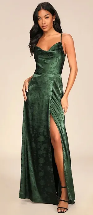 NWT Lulus Simply Dreamy Emerald Green Satin Floral Jacquard Maxi Dress Sz XS thumbnail 1
