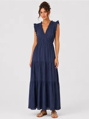 STARK X Navy Blue Cotton Ruffle Tiered Maxi Dress Boho Prairie Cottagecore L thumbnail 4