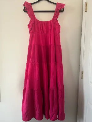 Hot Pink Tiered 100% Cotton Gauze Maxi Dress Small Coastal Euro Summer Beach thumbnail 7