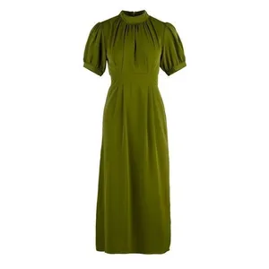 Mock Neck Midi Dress Womens Olive Green New Pleated Puff‎ Sleeve Slit thumbnail 2