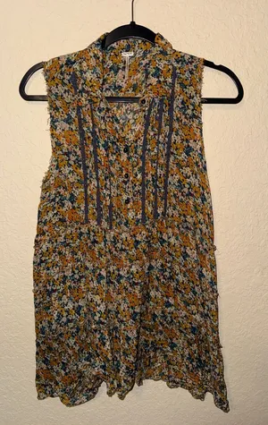 Free People Mustard Blue Floral Sleeveless Blouse thumbnail 1