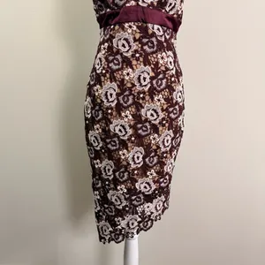 Bardot Floral Lace Midi Dress Burgundy Cream V-Neck Asymmetrical Hem Size US 6 thumbnail 15