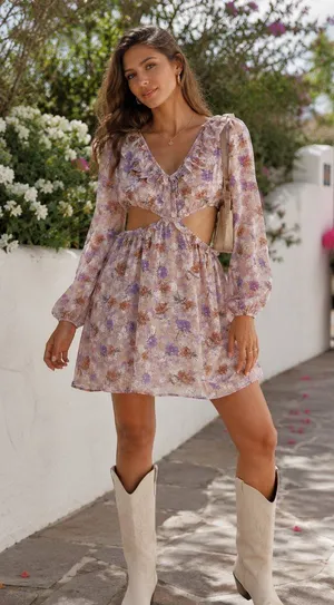 En Saison Annabel Purple Floral Open Back Mini Dress Size L NWT thumbnail 1