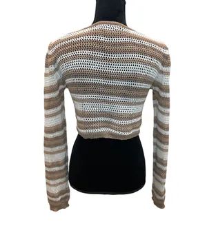 SHEIN brown and white striped tie-front crochet crop cardigan thumbnail 2