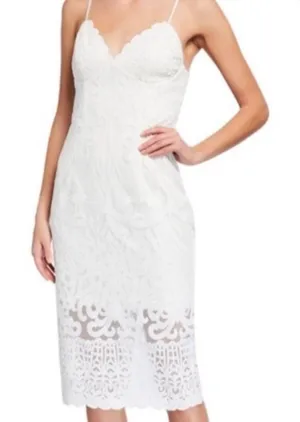 Bardot white lace midi dress Scalloped Vneckline with afitted sheath silhouette. thumbnail 1