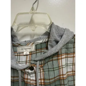 No Comment Plaid Hooded Cropped Flannel Shirt Green Gray Grunge Medium thumbnail 7