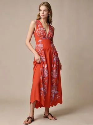 NWOT Farm Rio Porcelain Garden Red Linen Midi Dress Size L thumbnail 3