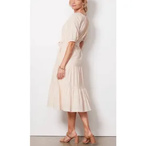 Evereve Carly Blush Cotton Tiered Midi Dress Puff Sleeve Cottage Size Large NWT thumbnail 2