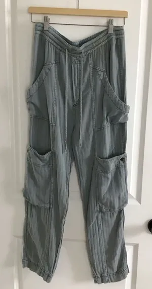 Free People Washed‎ Blue Drawstring Cargo Linen Cotton Blend Pants Size XS thumbnail 1