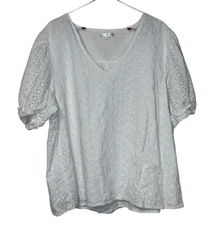 Draper James Womens White Eyelet Puffed Sleeve Peasant V-Neck Blouse XXL thumbnail 1
