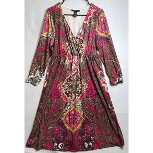 Style & Co Womens Large Pink Paisley Medallion Boho Surplice V-Neck Midi Dress thumbnail 2