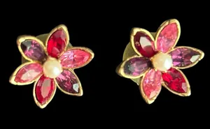 Gold-Tone Pink Multi-Gem Flower Stud Earrings with Pearl Center thumbnail 1
