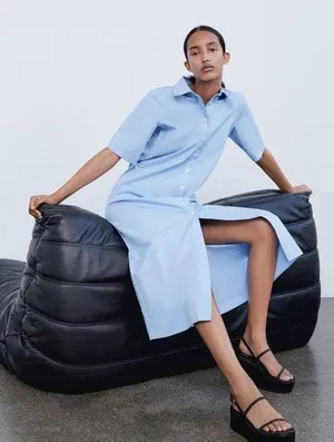 ZARA Blue Ruched Buttoned Slit Midi Dress thumbnail 1